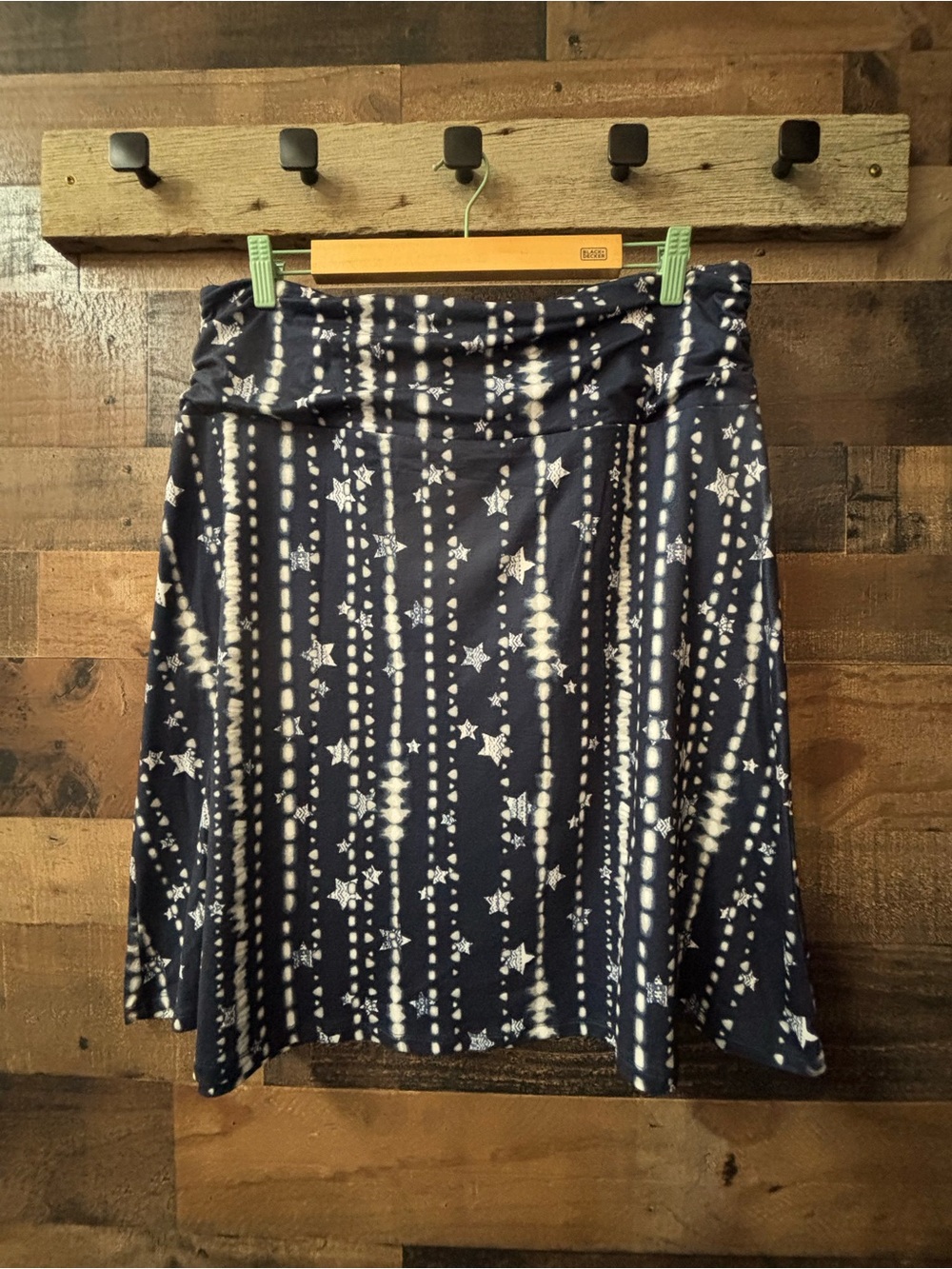 Navy Star-Print A-Line Skirt with Fold-Over Waist